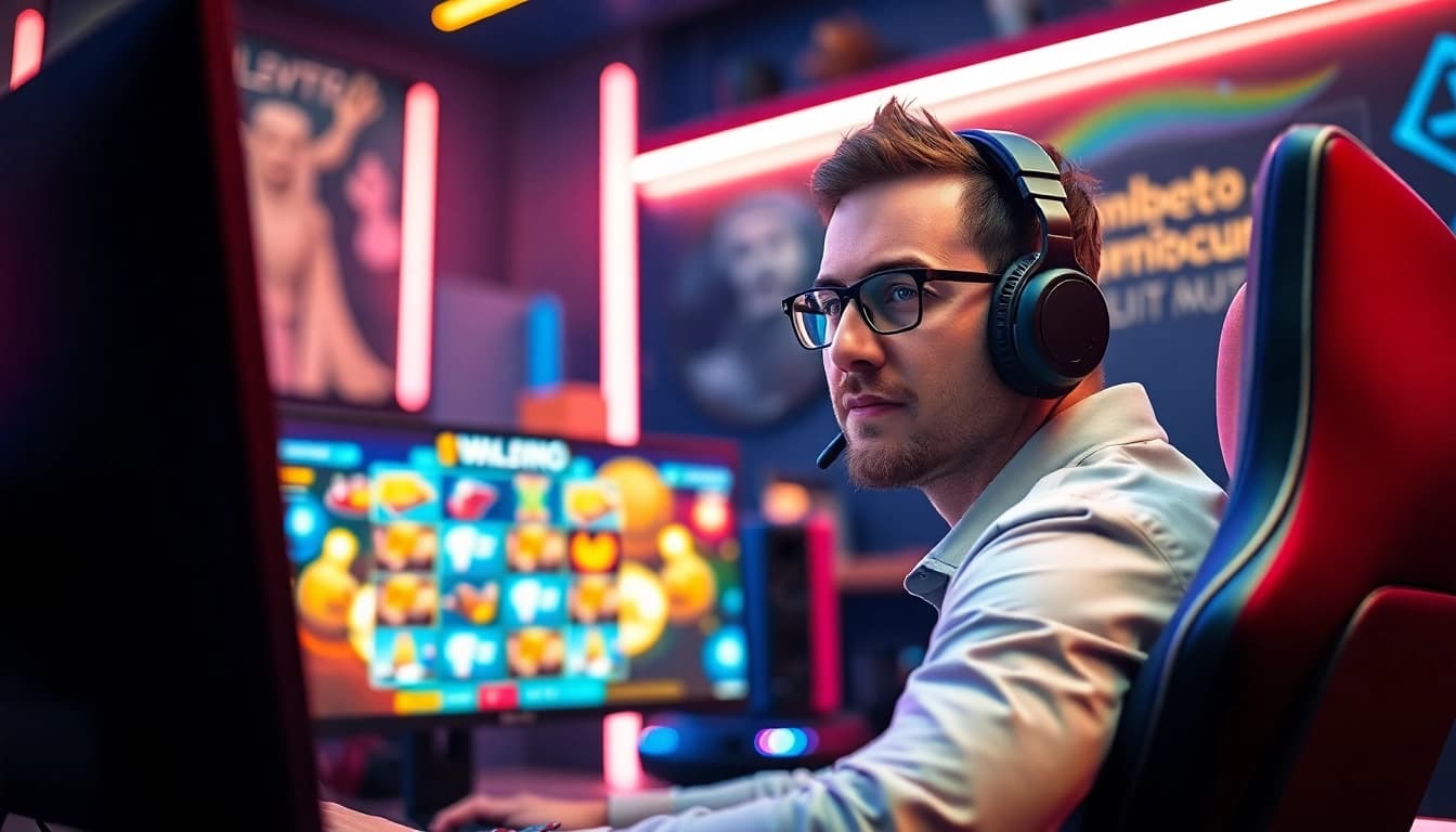Walettoto pemain slot online sedang fokus dalam permainan di ruang gaming modern