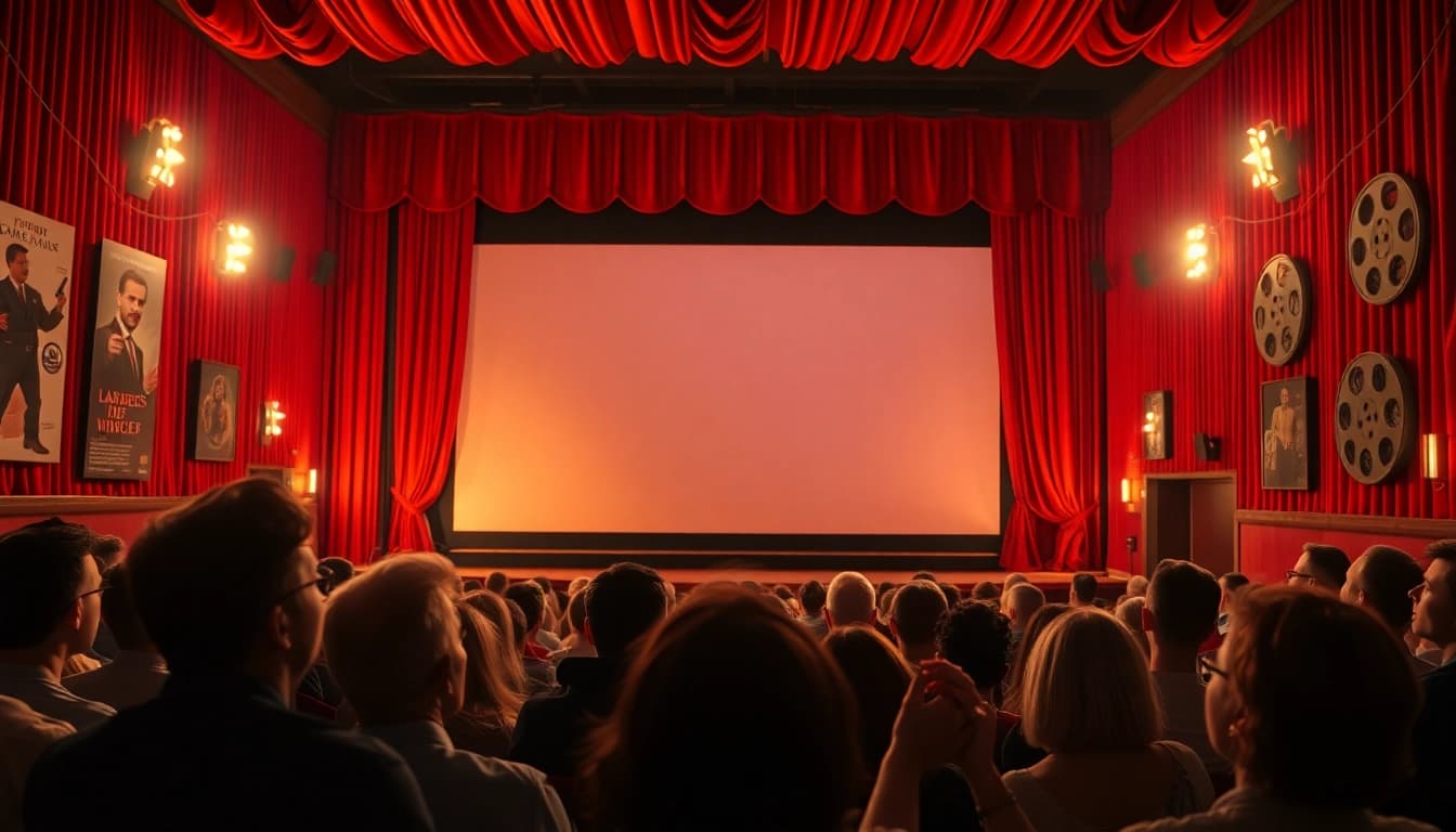 ดูหนัง ในโรงภาพยนตร์ที่มีบรรยากาศเป็นกันเอง แสงไฟอบอุ่น และผู้ชมที่ตื่นเต้น