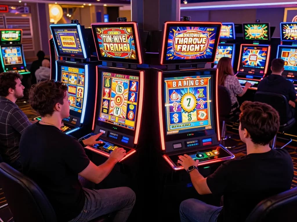 Engaged players enjoying Slot Online gameplay in a vibrant casino atmosphere.