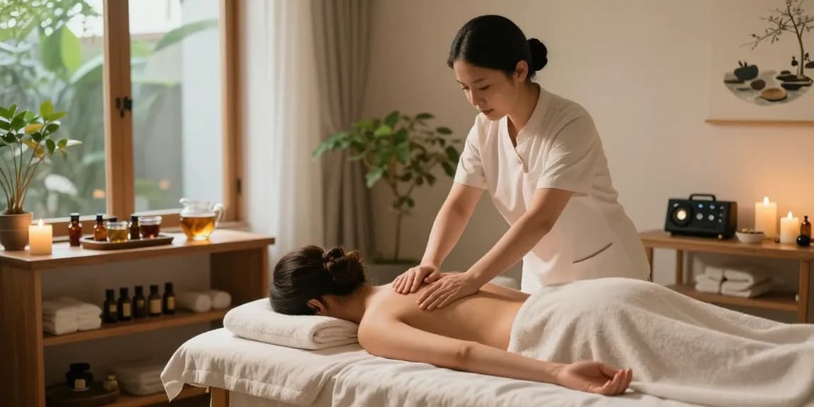 홍대출장마사지 중인 마사지사와 편안한 마사지 테이블이 있는 전문가적인 분위기