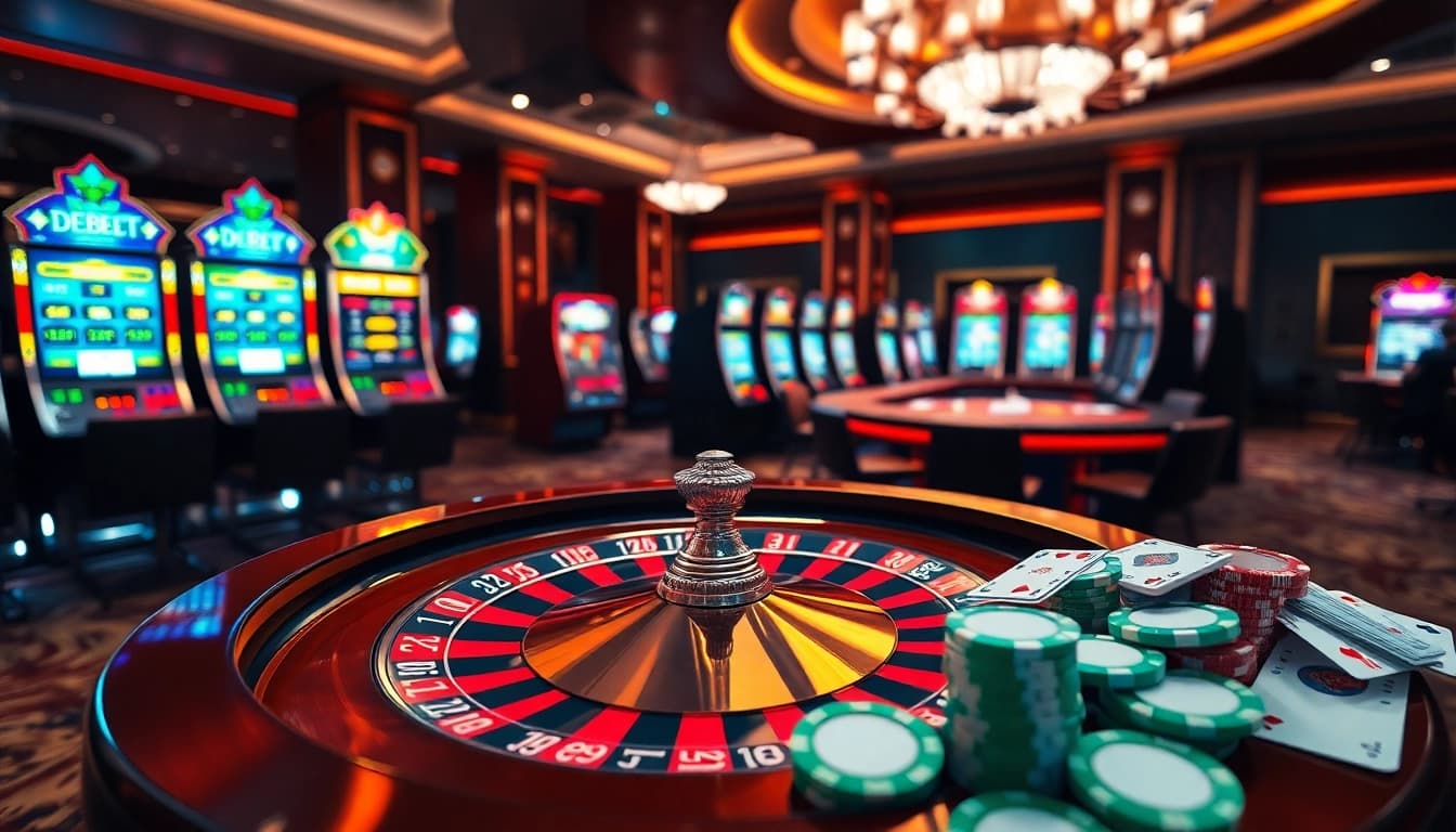Betting slips and poker chips emphasizing debet in a luxurious casino scene.