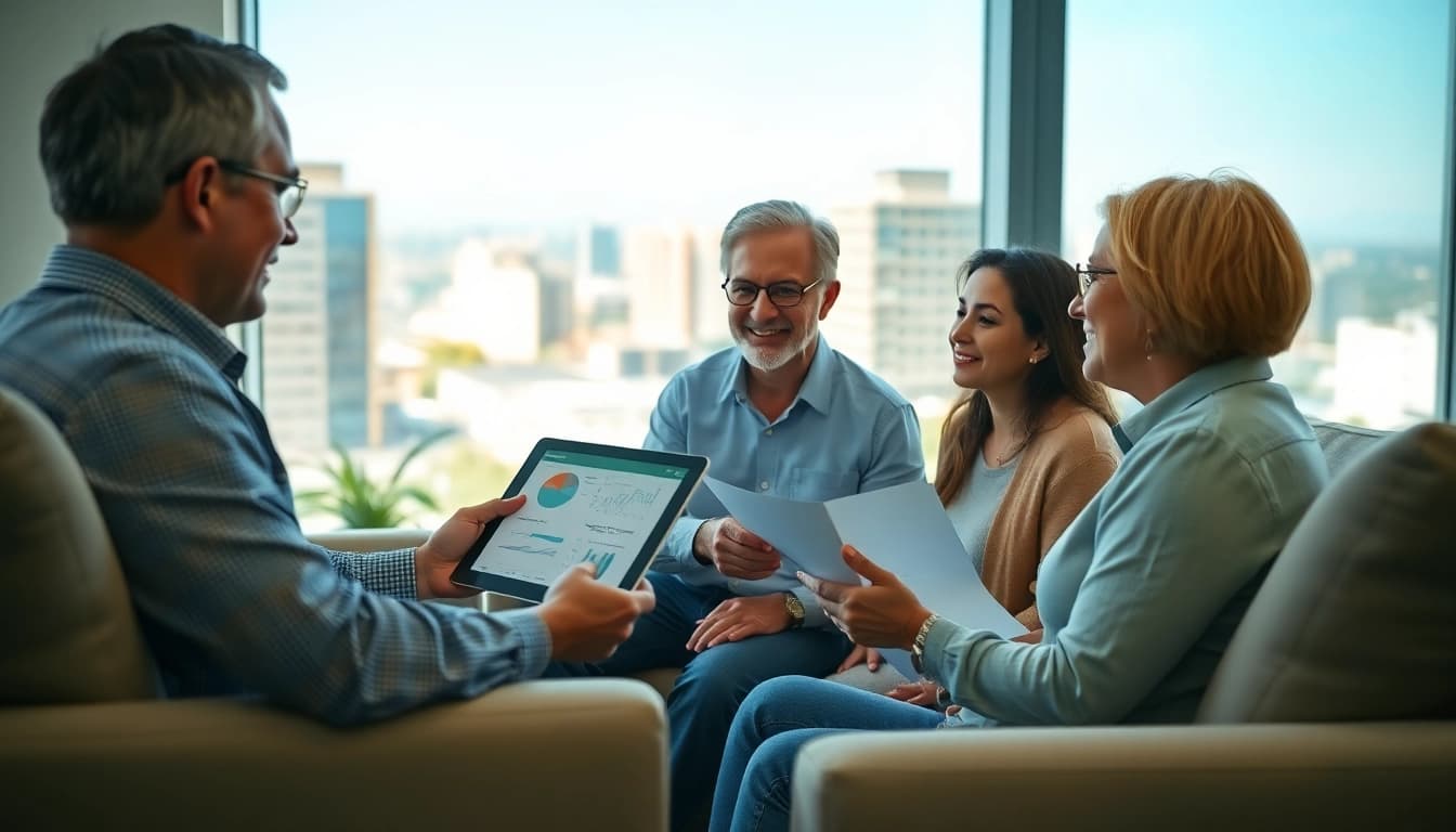 Engaging financial advisor explains retirement planning San Antonio strategies to a couple in a bright office.