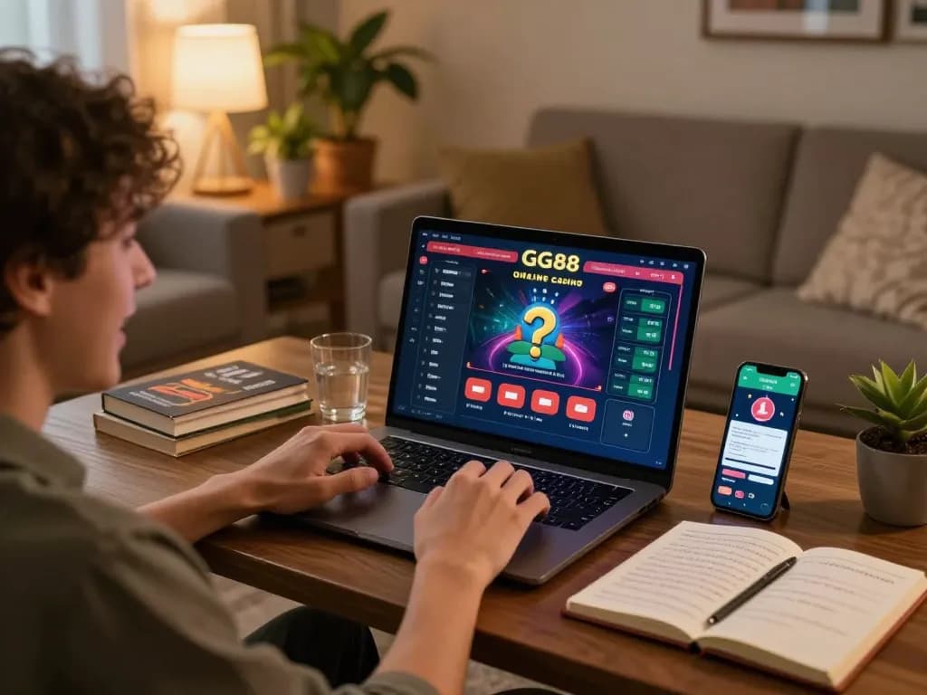 Player engaging with GG88 online casino on their laptop, showcasing an interactive and strategic gaming setup