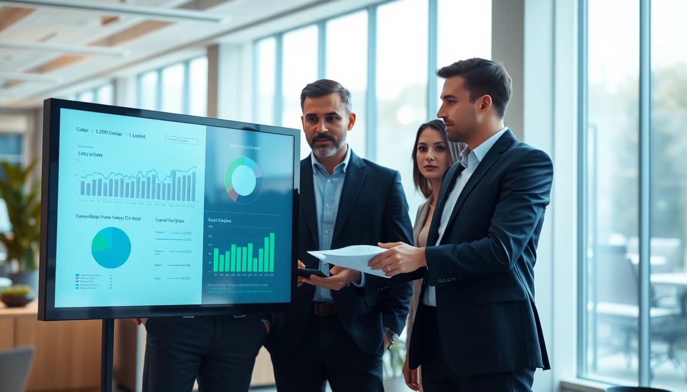 Conduct a detailed Content Gap Analysis with a professional team in a modern office.