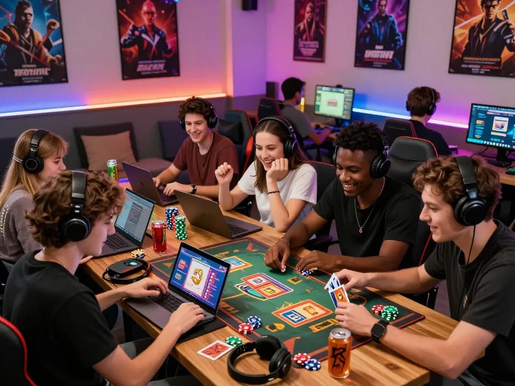 Thể thao hubet88 online gaming scene with diverse players enjoying card games in a vibrant lounge.