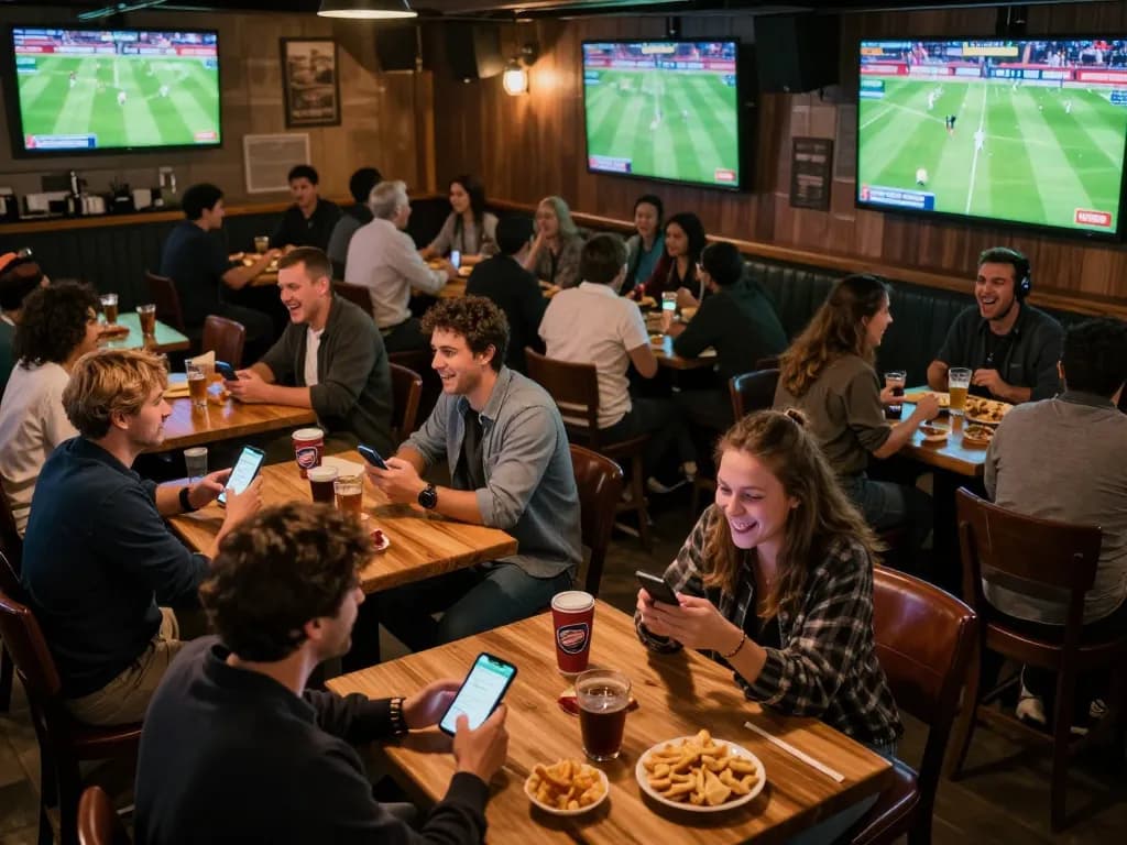 Engaged sports bettors checking kèo nhà cái 5 on apps in a lively sports bar atmosphere.