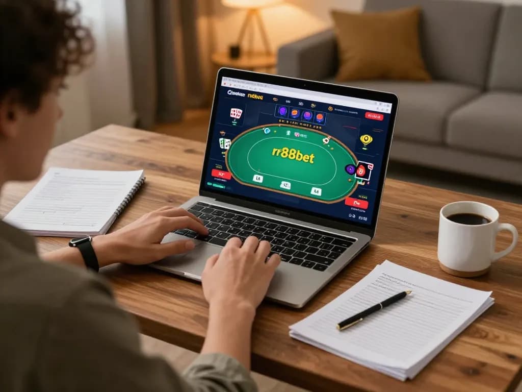 Engaging online poker session with rr88bet on laptop, featuring strategy notes and cozy setting