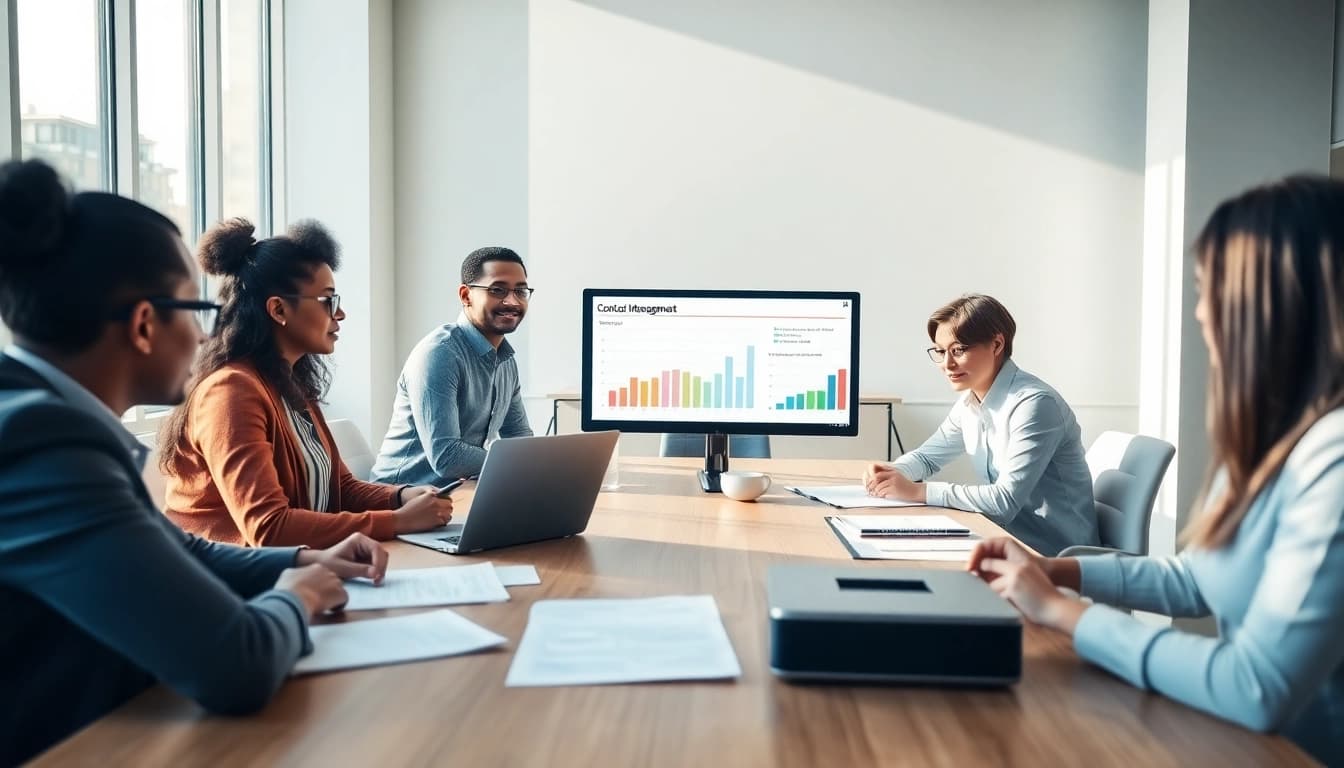 Engagement in Contract Management discussions among a diverse team in a modern office.