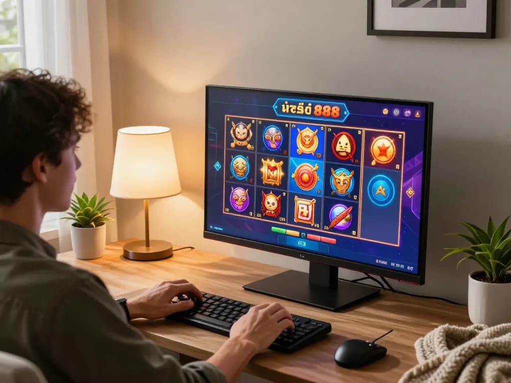Engaging in สล็อต888 gameplay on a tablet in a cozy home setup, surrounded by inviting decor.