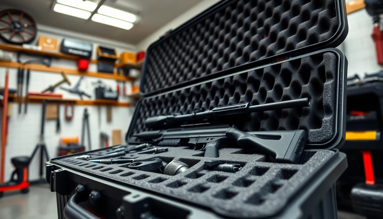Protective foam for rifle case showcasing custom cutouts for firearms and accessories.