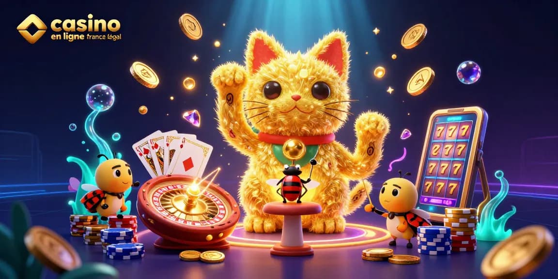 Illustration captivante avec un chat porte-bonheur en forme de lucioles représentant le casino en ligne France légal.