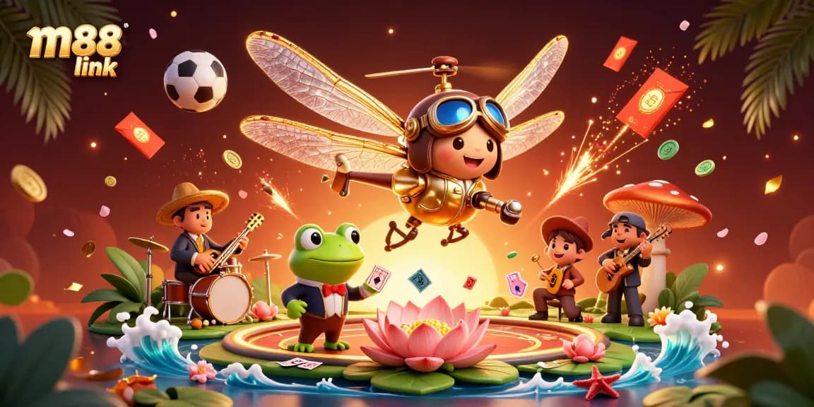 Experience the thrill of betting with m88 link in a dynamic 3D casino scene featuring a dragonfly pilot and croupier.