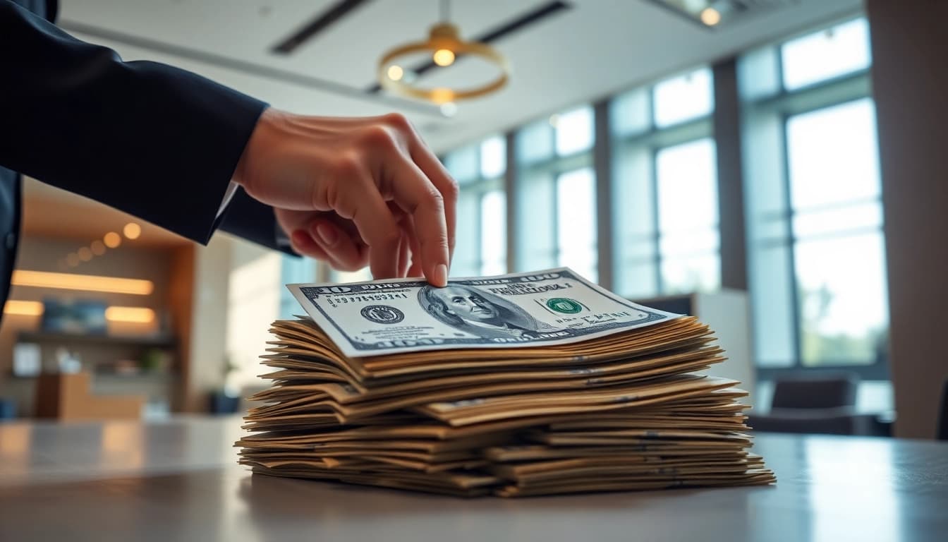 Menyerahkan deposit 1k dengan uang tunai dalam suasana bank yang profesional.