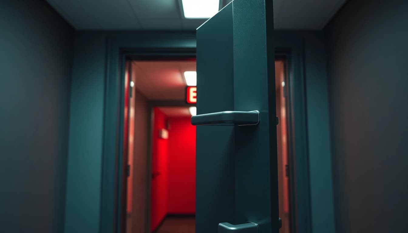 Exit door featuring a panic bar mechanism in an emergency setting, highlighting safety and functionality.