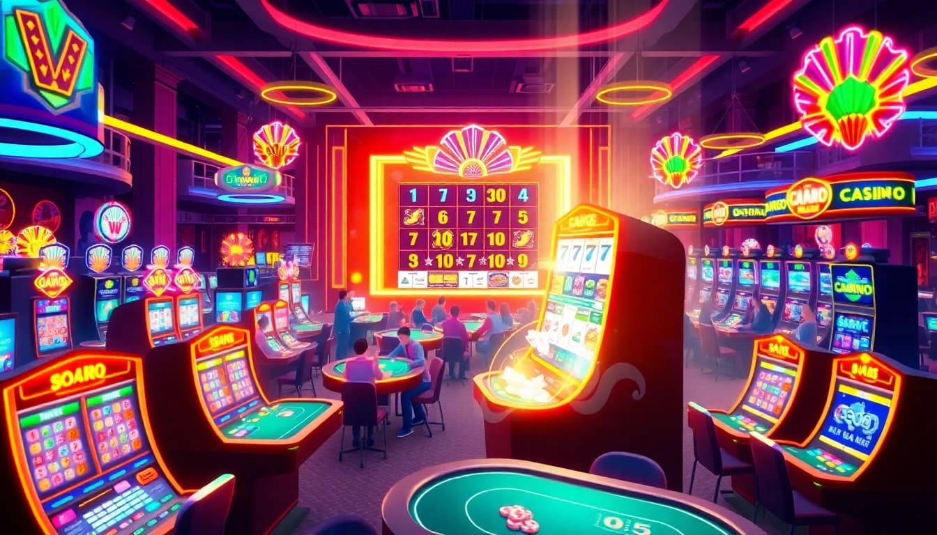 Engaging online casino scene featuring the Vegas hero with neon lights and excited players.