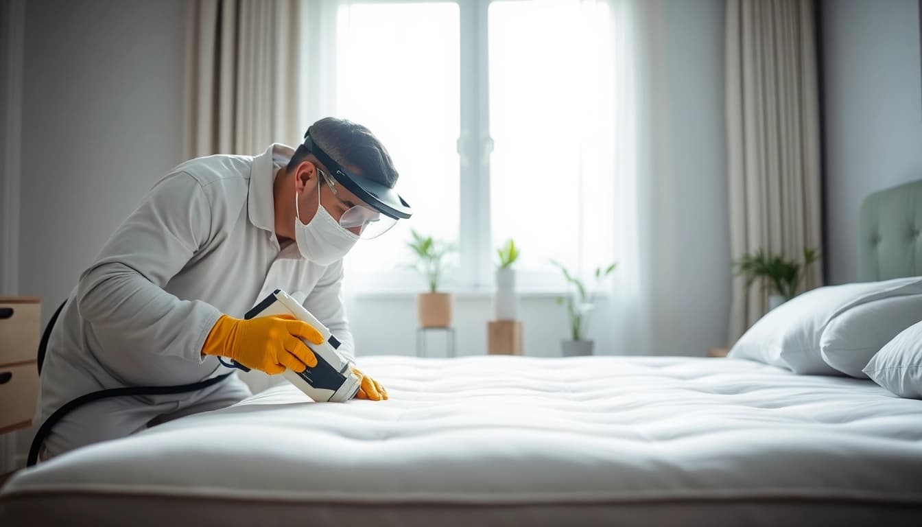 Technician performing bed bug chemical treatment on a mattress in a clean bedroom.