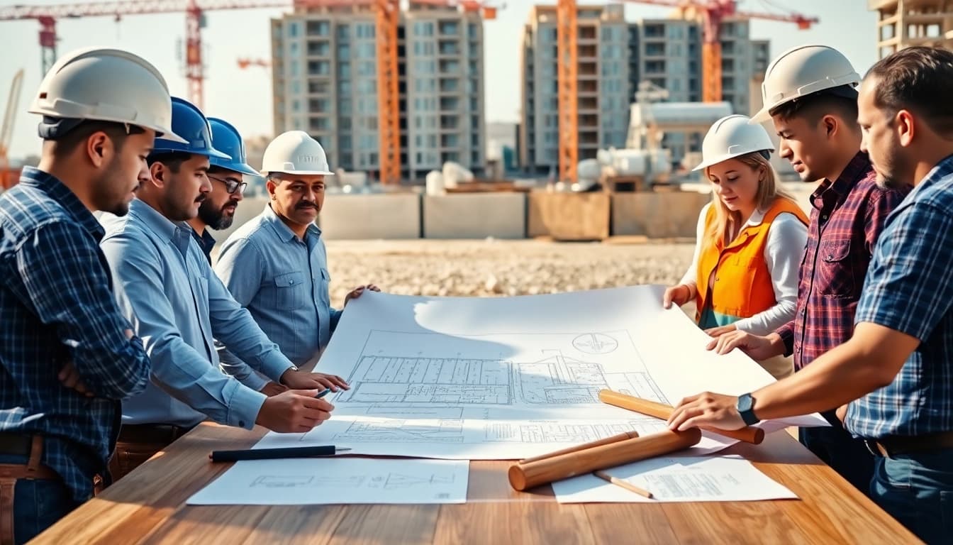 Collaboration among Southern California contractors association members over project blueprints.
