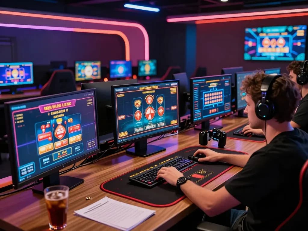 Engaging in online casinos in Canada reddit with a multi-screen gaming setup, highlighting strategic gameplay and modern technology.