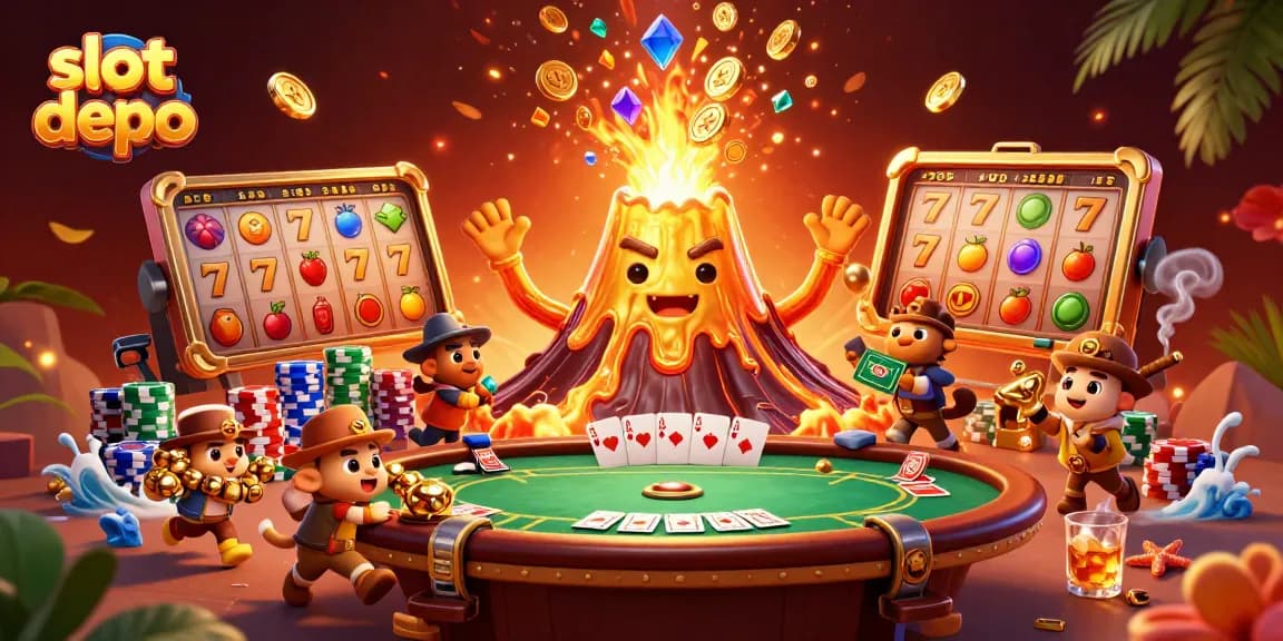 Engage with the thrilling slot depo experience featuring vibrant 3D visuals of a golden volcano and slot machines.