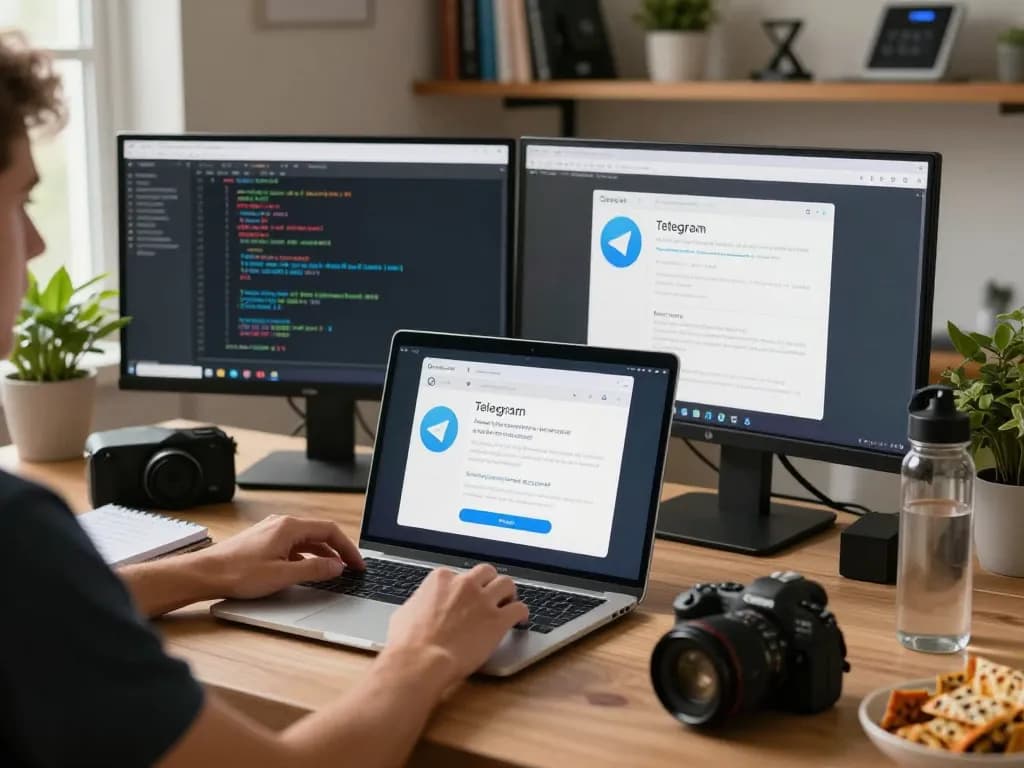 Person installing telegram 下载 on a MacBook in a cozy tech workspace surrounded by coding notes and snacks.