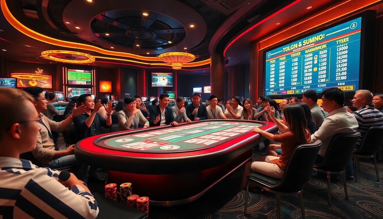 Meja taruhan Togel Sumo dikelilingi para pemain, menampilkan kegembiraan dalam suasana kasino yang hidup.