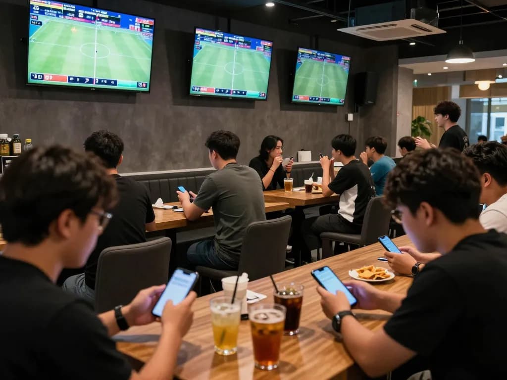 Emphasizing kèo nhà cái 5 betting excitement at a lively sports bar, dynamic atmosphere with fans analyzing odds.