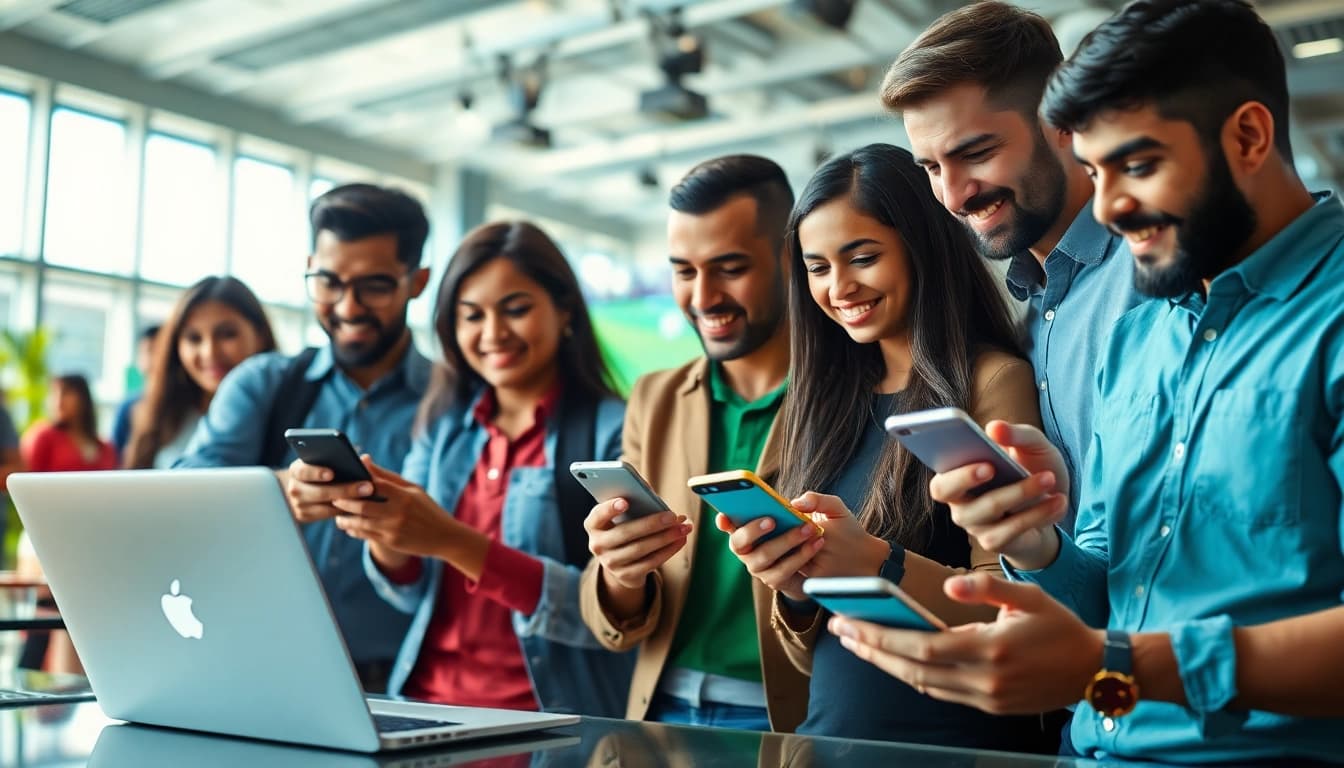 Explore the best sports betting sites India with users actively engaging on mobile devices in a lively environment.