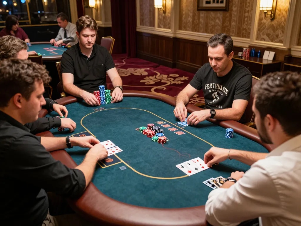 Migliori casino online stranieri showcasing a thrilling high-stakes poker game with engaged players and elegant dealers managing bets.