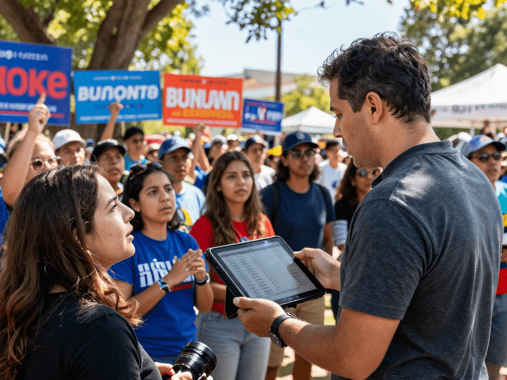 Engaging grassroots influencer program at a political rally with voters and campaign strategist
