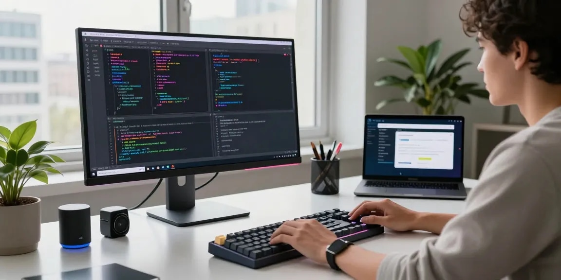 Developer using crushon ai at a modern workstation with code and tech tools.