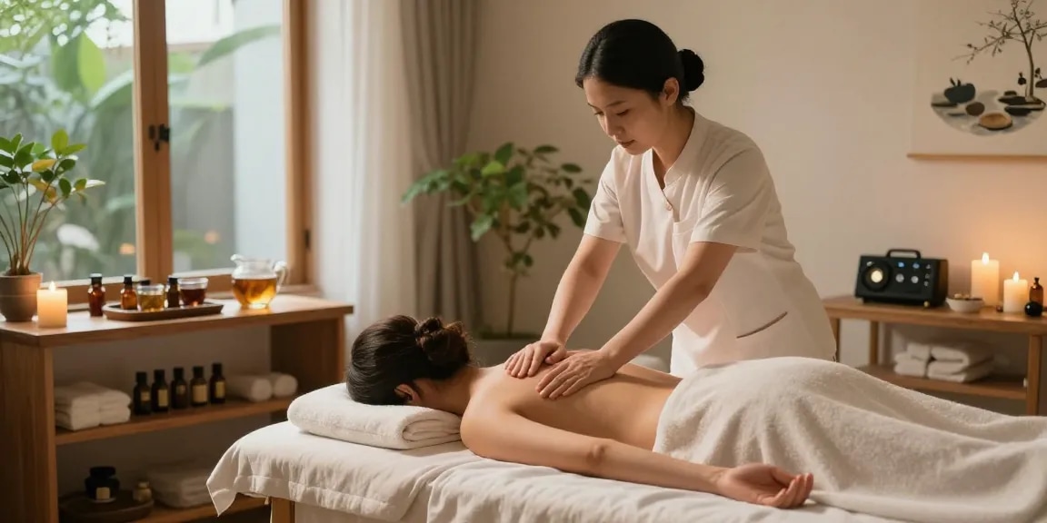 홍대출장마사지 중인 마사지사와 편안한 마사지 테이블이 있는 전문가적인 분위기