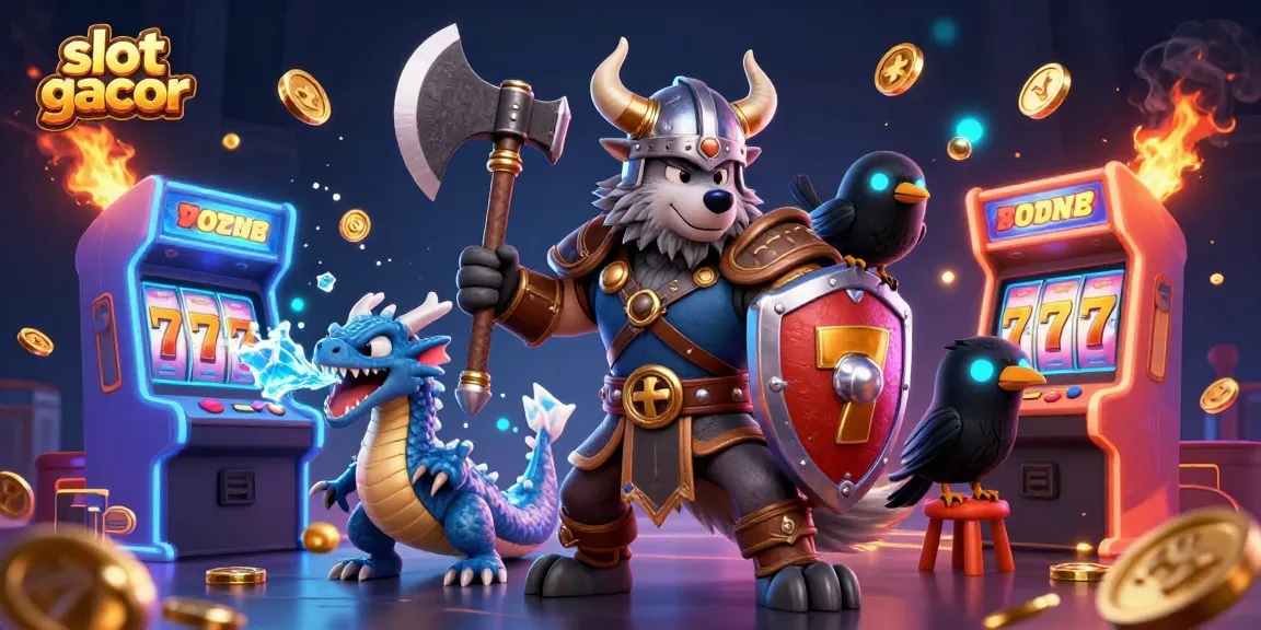 Engage with slot gacor where a Viking warrior leads with a fierce dragon and a raven amidst colorful gaming elements.