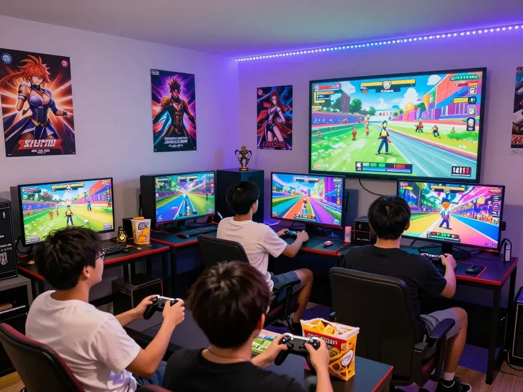 Diverse players enjoying a colorful interactive scene of a free porn game in a lively gaming environment.