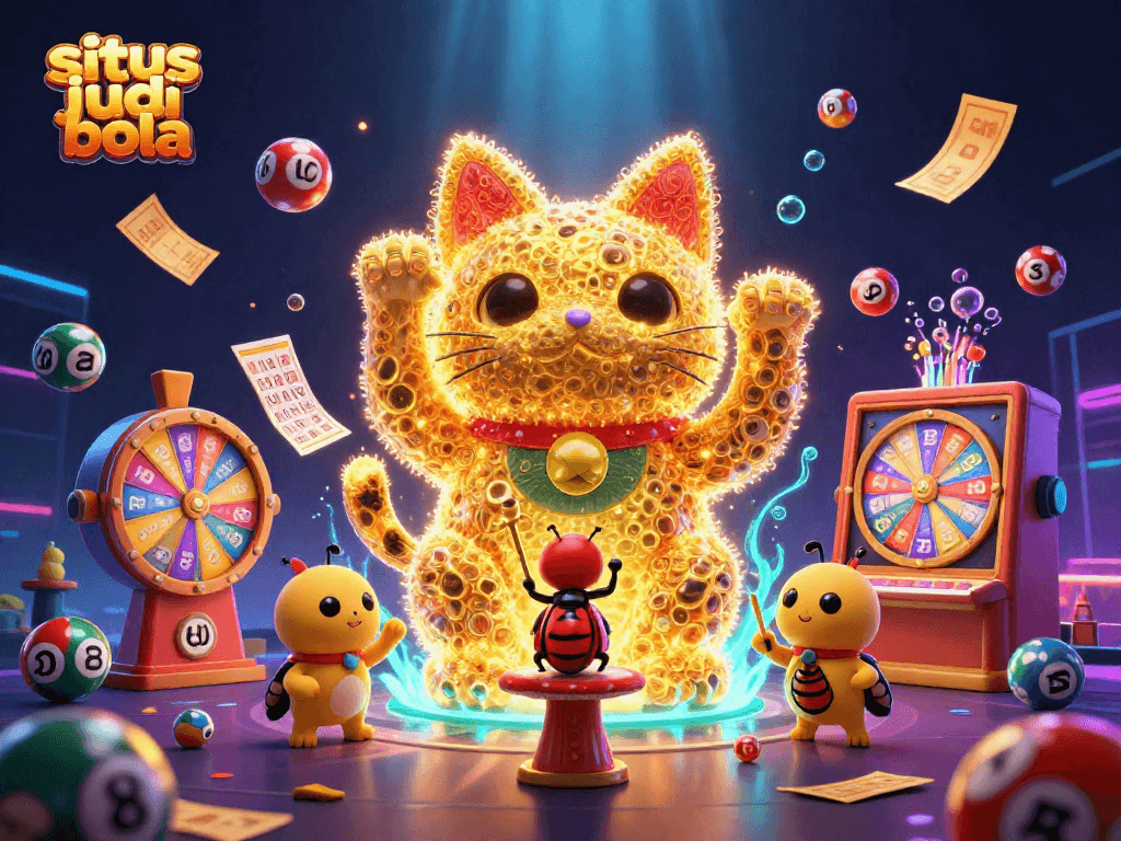 Engage in exciting gameplay at situs judi bola with a vivid illustration of a lucky cat and dynamic casino elements.