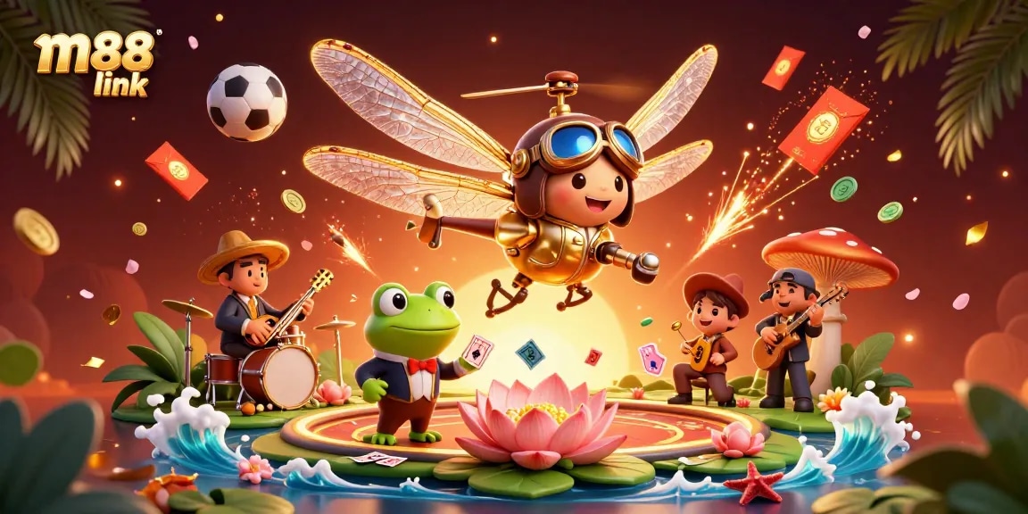 Experience the thrill of betting with m88 link in a dynamic 3D casino scene featuring a dragonfly pilot and croupier.