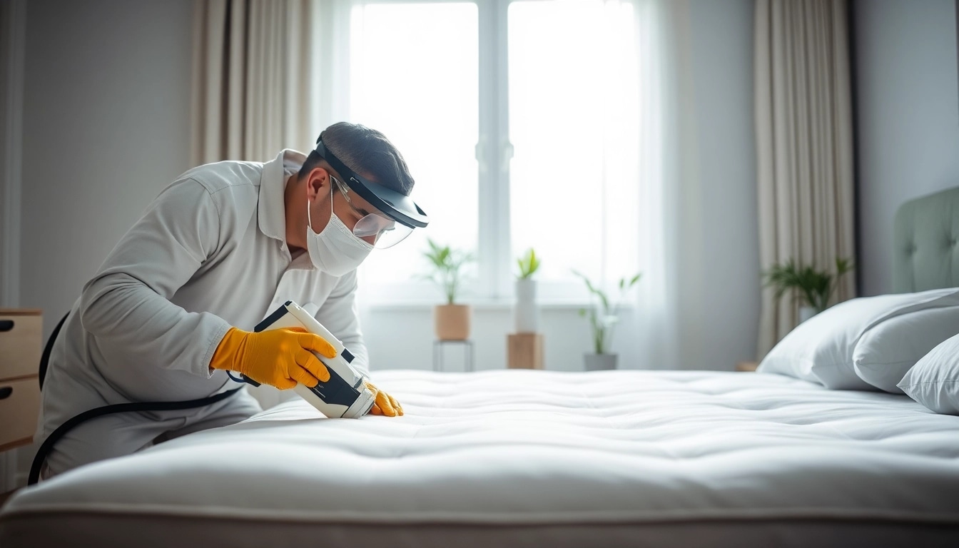 Technician performing bed bug chemical treatment on a mattress in a clean bedroom.