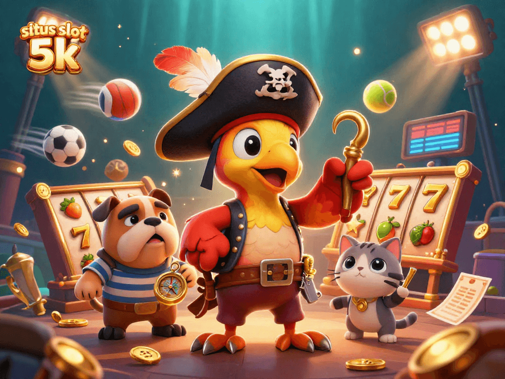 Engage in situs slot 5k with a vibrant 3D scene featuring animated characters and exciting slot game elements.