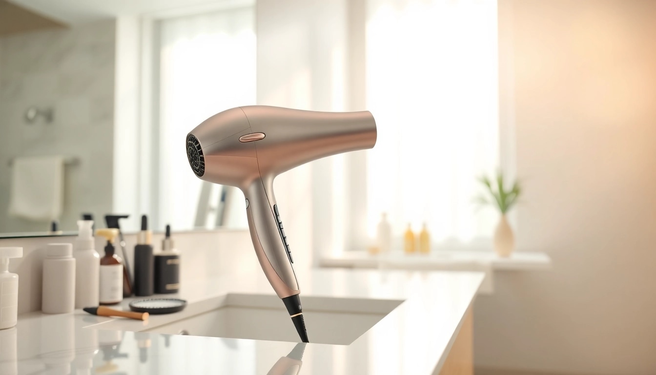 Styling with an ionic hair dryer highlighting its sleek design and advanced features in a modern bathroom.