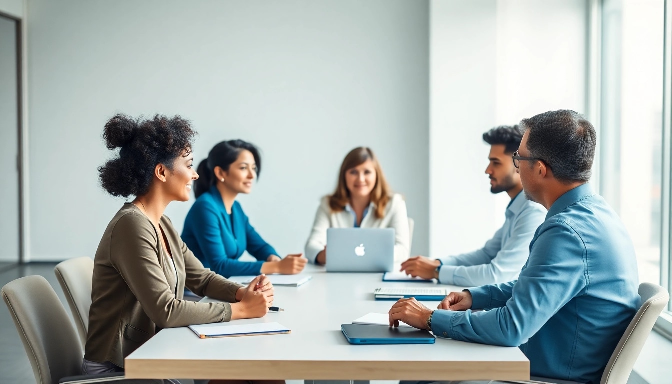 Mediation session with diverse participants discussing collaborative solutions at a conference table.