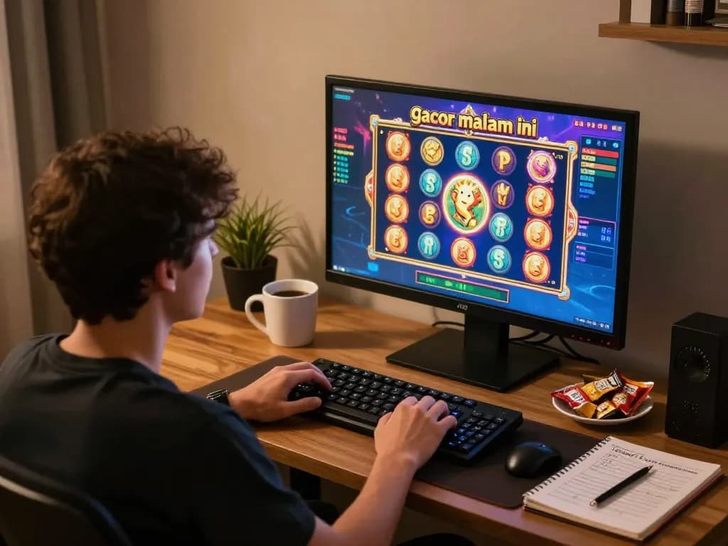 Experience thrilling slot gacor malam ini with an upscale gaming setup at home, showcasing vibrant slot graphics.
