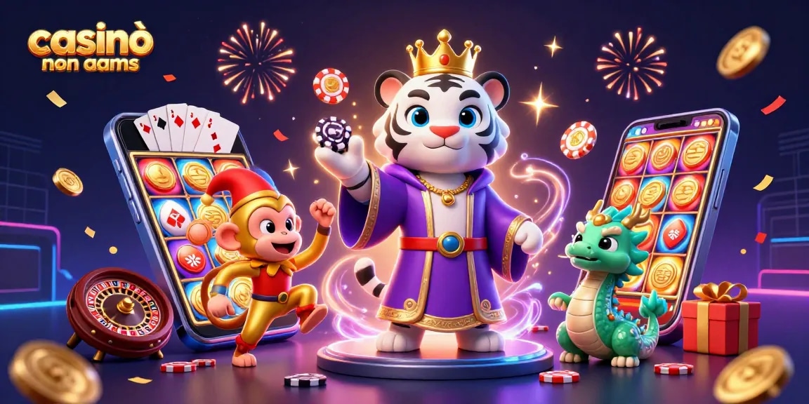 Casinò online non AAMS con una tigre bianca elegante e una scimmia dorata, circondati da elementi di gioco d'azzardo.