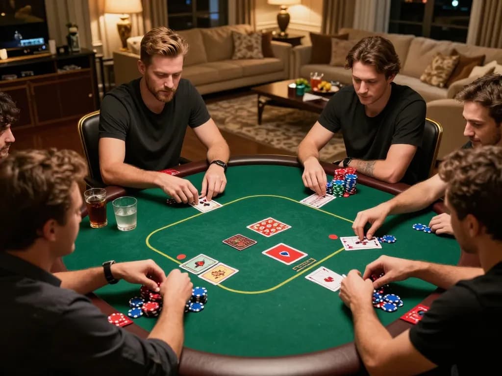 Rokok88 poker night engaging friends with vibrant chips and community cards laid out