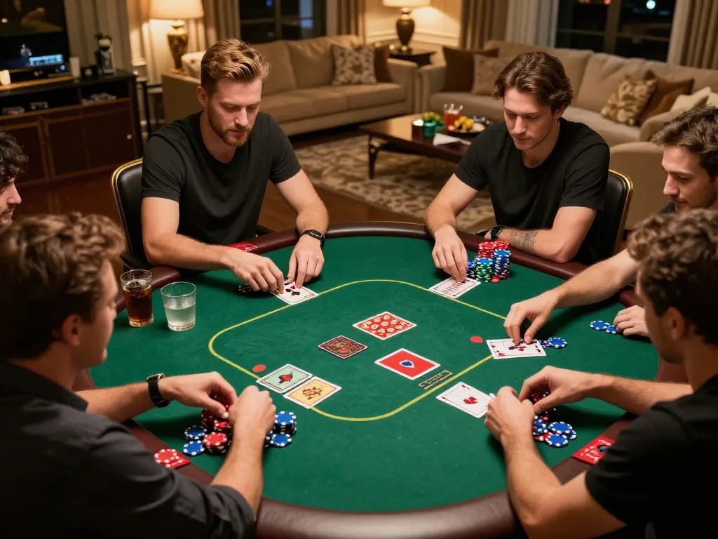Rokok88 poker night engaging friends with vibrant chips and community cards laid out
