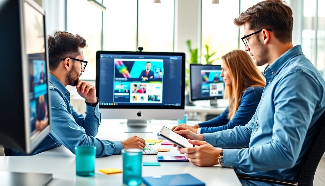 Collaborative session on edmonton web design with vibrant website mockups and team engagement.