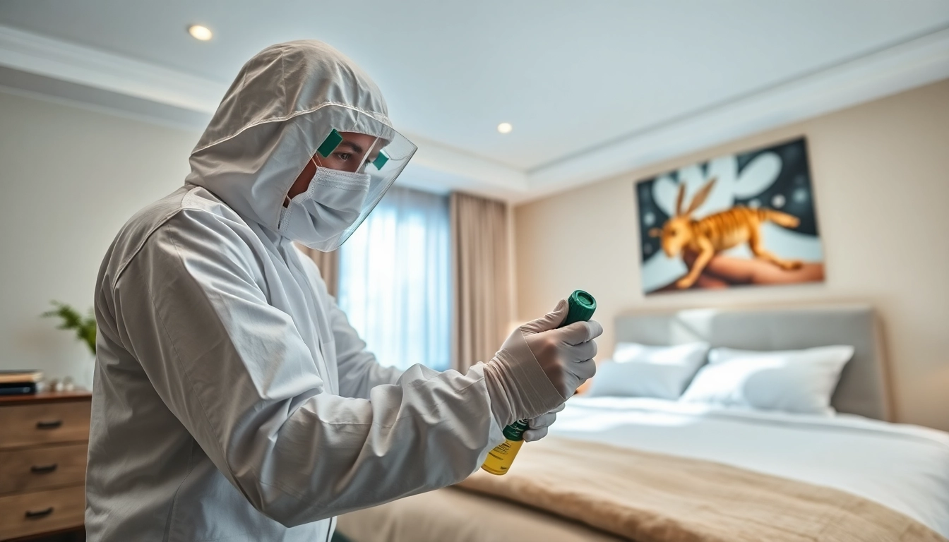 Technician applying bed bug chemical treatment in a clean, modern bedroom environment.