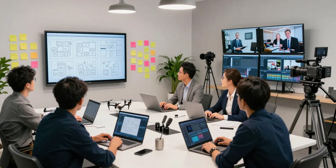 Best corporate video production company Singapore team collaborating creatively in a modern studio.