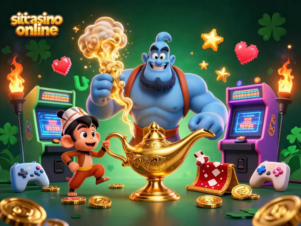 Gioca nei migliori siti casino online con l'atmosfera magica di un genio e un tappeto volante tra macchinette arcade e giochi.
