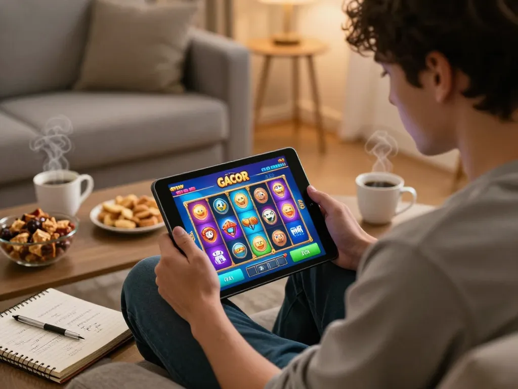 Pemain terlibat dalam permainan slot gacor yang mendebarkan di tablet di ruang tamu yang nyaman.