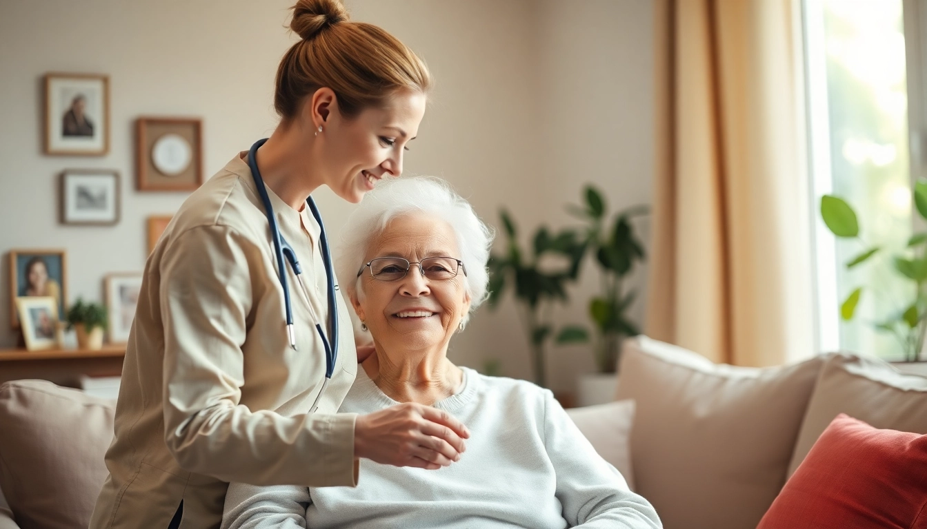 Senior enjoying austin senior home care with a friendly caregiver in a bright living room.