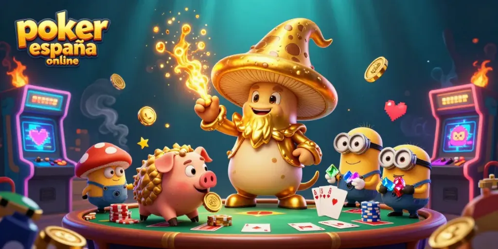 Juega al póker España online en una escena mágica con un hechicero y tesoros iluminados
